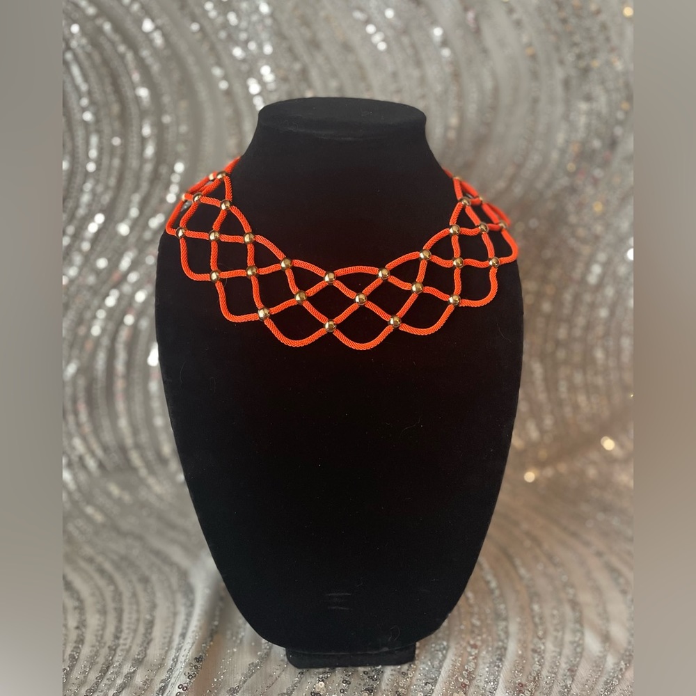 Mika Orange Mesh Weaved Necklace with Gold Studs.